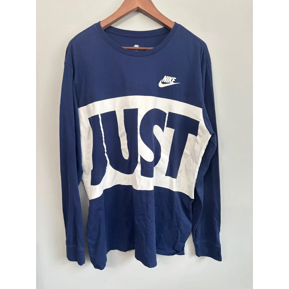 Nike Mens XXL‎ T Shirt Just Do It Long Sleeve Navy Blue Graphic Front & Back